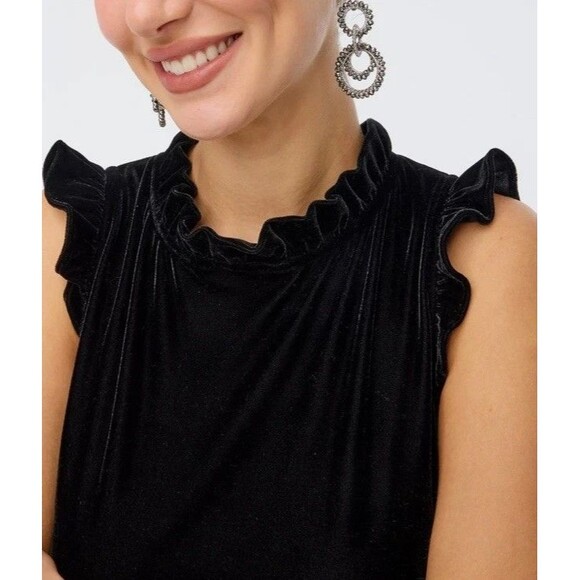 J Crew Sz 8 Black Velvet Tiered Midi Dress Ruffle Neck & Sleeve Stretch Pockets - Picture 3 of 13